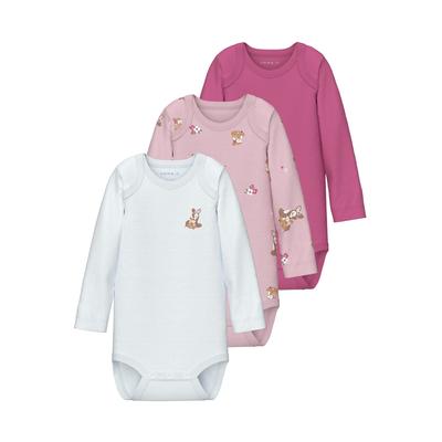 Langarmbody NAME IT "NBFBODY 3P LS IBIS ROSE DEER NOOS", Baby, Gr. 62, N-Gr, rosa (ibis rose), Sweatware, Obermaterial: 100% Baumwolle, unifarben, bedruckt, casual, regular fit, amerikanischer Ausschnitt, Langarm, Bodies Image