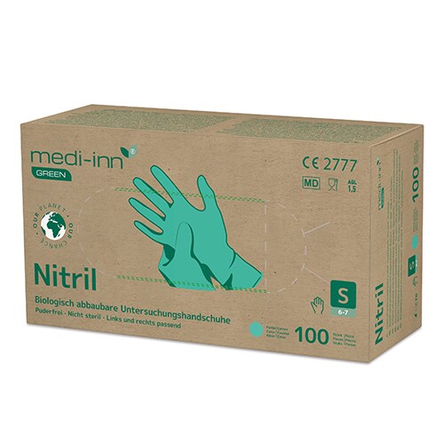 100 `Medi-Inn® GREEN` Handschuhe, Nitril puderfrei grün Größe S, biologisch abbaubar Image