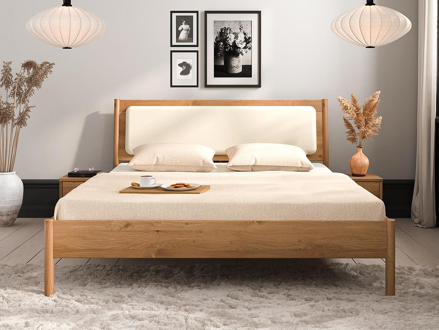 Bett PARIS Eiche massiv mit Leinen-Polsterkopfteil 160x200
