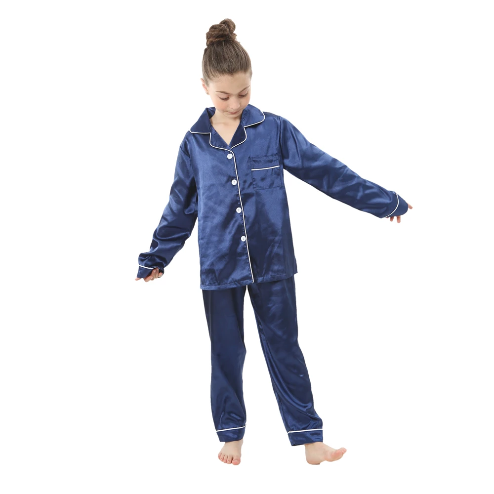 Garçons bleu marine Satin soie pyjamas enfants filles vêtements enfants Homewear vêtements de nuit enfants vêtements de nuit filles adolescent vêtements de détente 12 ans