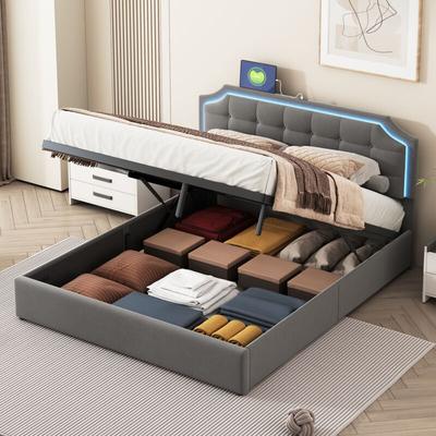 Bett 160 x 200 cm – Samt, Doppelkopfteil mit LED-Beleuchtung, Bett mit hydraulischem Stauraum, Image