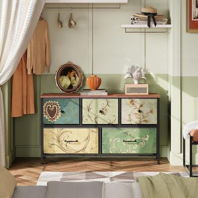 Tanant - Kommode 100 cm – Sideboard mit 5 Schubladen und schwarzen Griffen, Retro-Muster, schwarzer Image