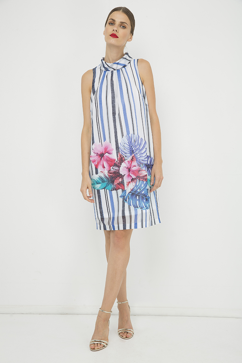 Bedrucktes ärmelloses Kleid mit aufrechtem Kragen Image