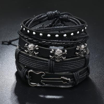 TEMU Vintage Punk Rock Skull And Guitar Leather Wristband Set For Men And Women, Handcrafted Pu Leather Wrap Cuff Accessories, 4 Pieces/set