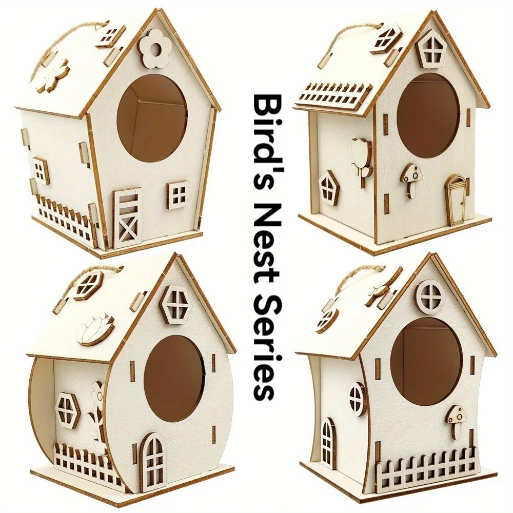 Rustikale hölzerne DIY Vogelhaus Kit kreative Graffiti Vogelnest Holz Vogelhaus mit hängenden Seil Outdoor Dekor Garten dekorativ