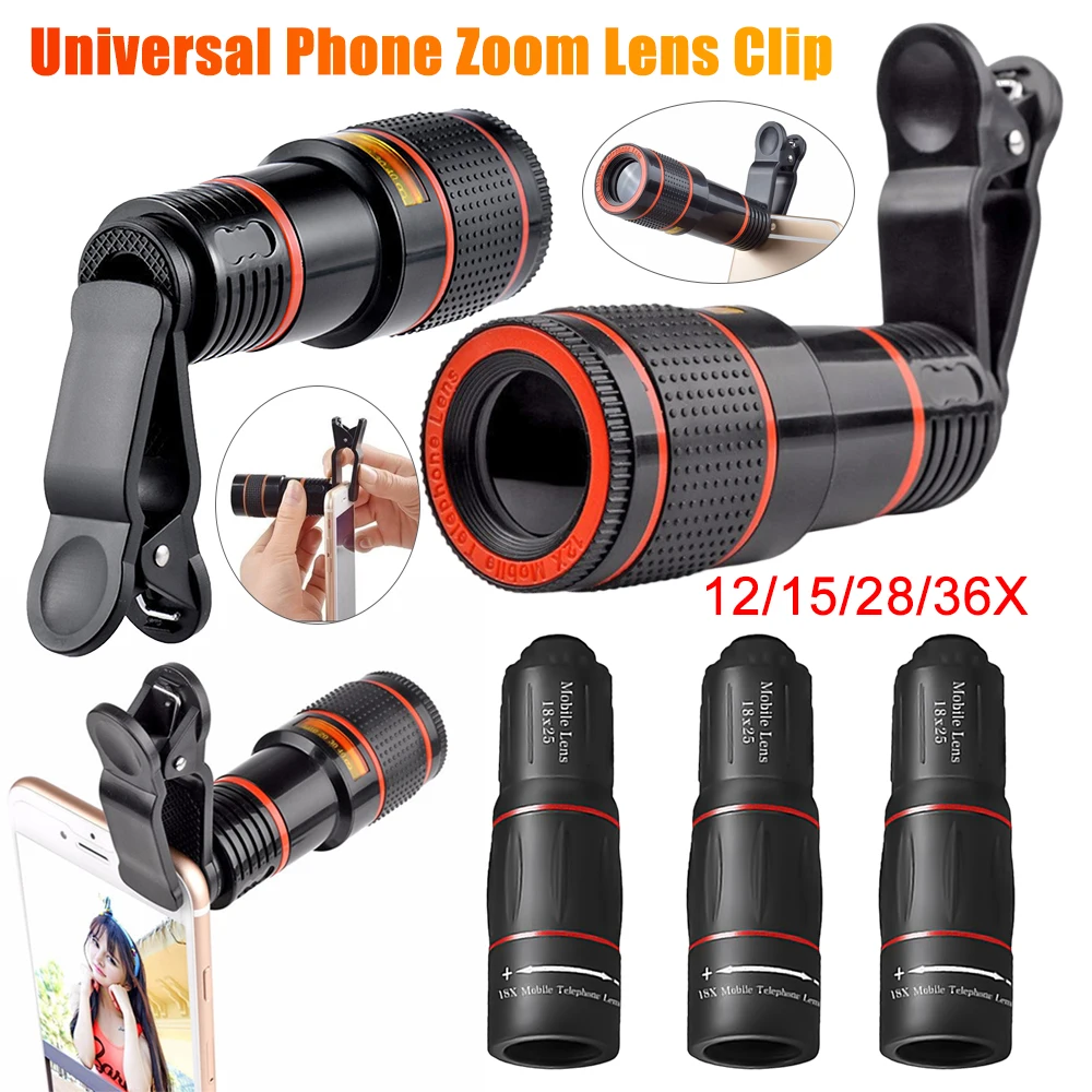 Universal Telefon Objektiv Clip 12/15/28/36X Optische Zoom Kamera Externe Teleskop Objektiv mit Clip für handy Optische Monokular Image