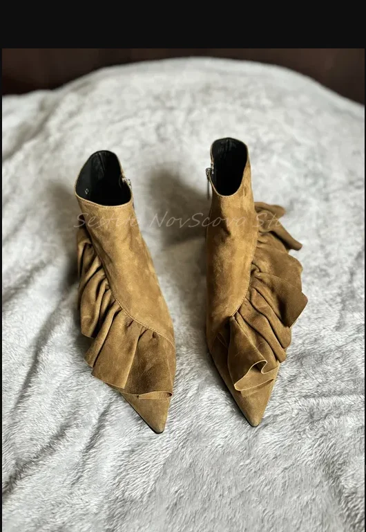 Wildleder Overs ize Rüschen flache Stiefeletten für Frauen Herbst klassische spitze Zehen lässige kurze Stiefeletten Seite Reiß verschluss sexy Damenschuhe
