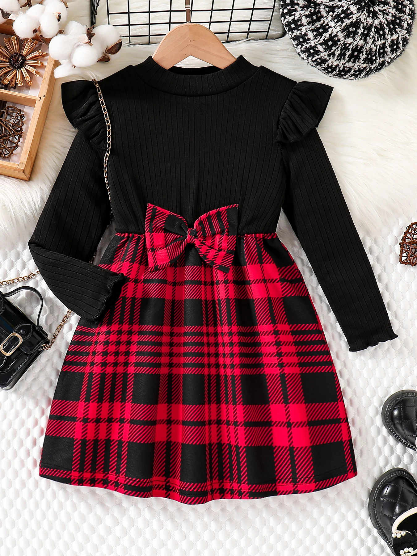 Frühling & Herbst Kinder Nette Mode kleid Mädchen Casual einfarbig rundhals flügel ärmel hemd Rot karierten rock zeremonielle kleid s Image