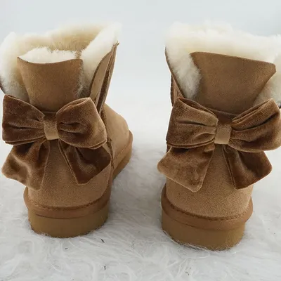 New Classic Velvet Bow 100% Genuine Sheepskin Leather Snow Boots Natural Fur Women Boots Warm Winter Boots Ankle Boots