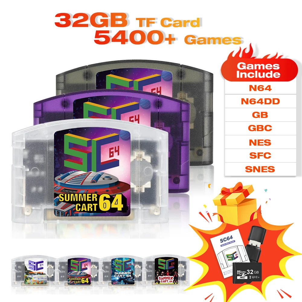 SC64 5400 in 1 N64 Game Cartridge Open Source Card with 32GB Card For Nintendo 64 Video Game Console Support N64DD/SNES/GBC Game