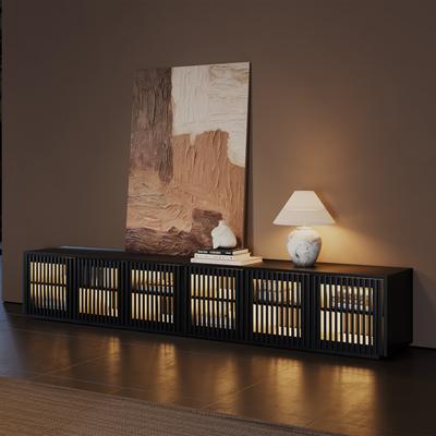 95" Mid-Century Modern Wood Slatted TV Stand with LED lights, LED TV Stand, Black TV Console, Minimalist Entertainment Center, Perfect for 85-inch TVs