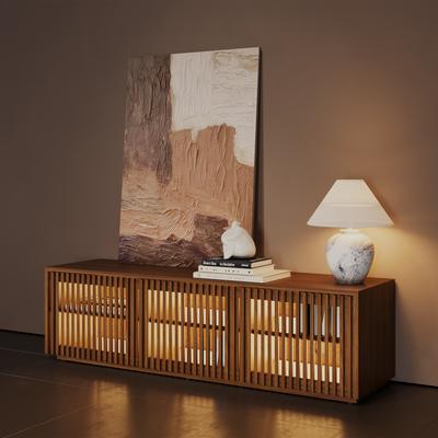 59" Mid-Century Modern Wood Slatted TV Stand with LED lights, LED TV Stand, Walnut Color TV Console, Minimalist Entertainment Center, Perfect for 45-inch TVs