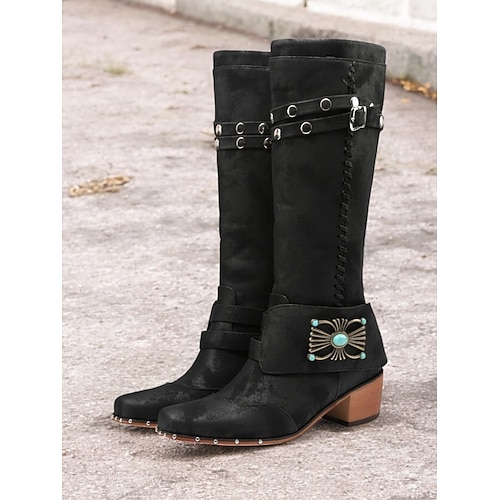 Western-Cowgirlstiefel für Damen – kniehohe Nietenstiefel im Vintage-Stil mit türkisfarbener Schnalle und Schnürdetail, perfekt für Rodeo und Country-Stil Image
