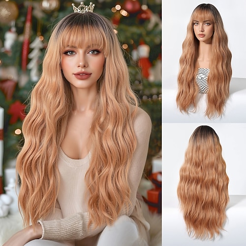 Synthetische Perücken Uniformen Karriere Kostüme Prinzessin Locken Wellen Mittelteil Stufenhaarschnitt Mit Pony Maschinell gefertigt Perücke 30 Zoll Dunkelbraun Synthetische Haare Damen Cosplay Party Image