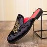 Men's Royal Velvet Embroidered Loafers - Regal Slip-On Slippers with Gold Crown Crest Embellishment