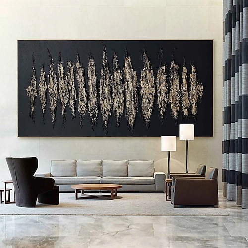 handgemaltes abstraktes Ölgemälde in Schwarz und Gold auf Leinwand, Ölgemälde mit Goldfolie, handgefertigtes modernes Ölgemälde, handgemalte große schwarze Gemälde, Wandkunst, Gemälde für die Image