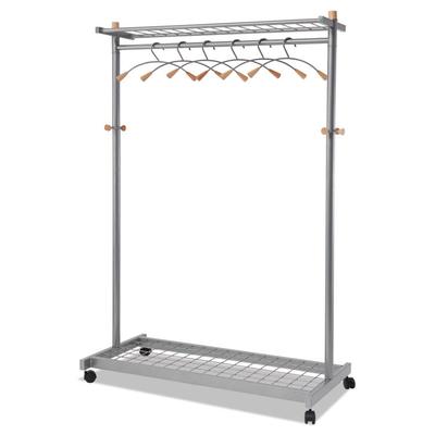 Alba Garment Racks, Two-Sided, 2-Shelf Coat Rack, 6 Hanger/6 Hook, 44.8w x 21.67d x 70.8h, Silver/Wood (ABAPMLUX6) Each Alba™ Clothes Racks