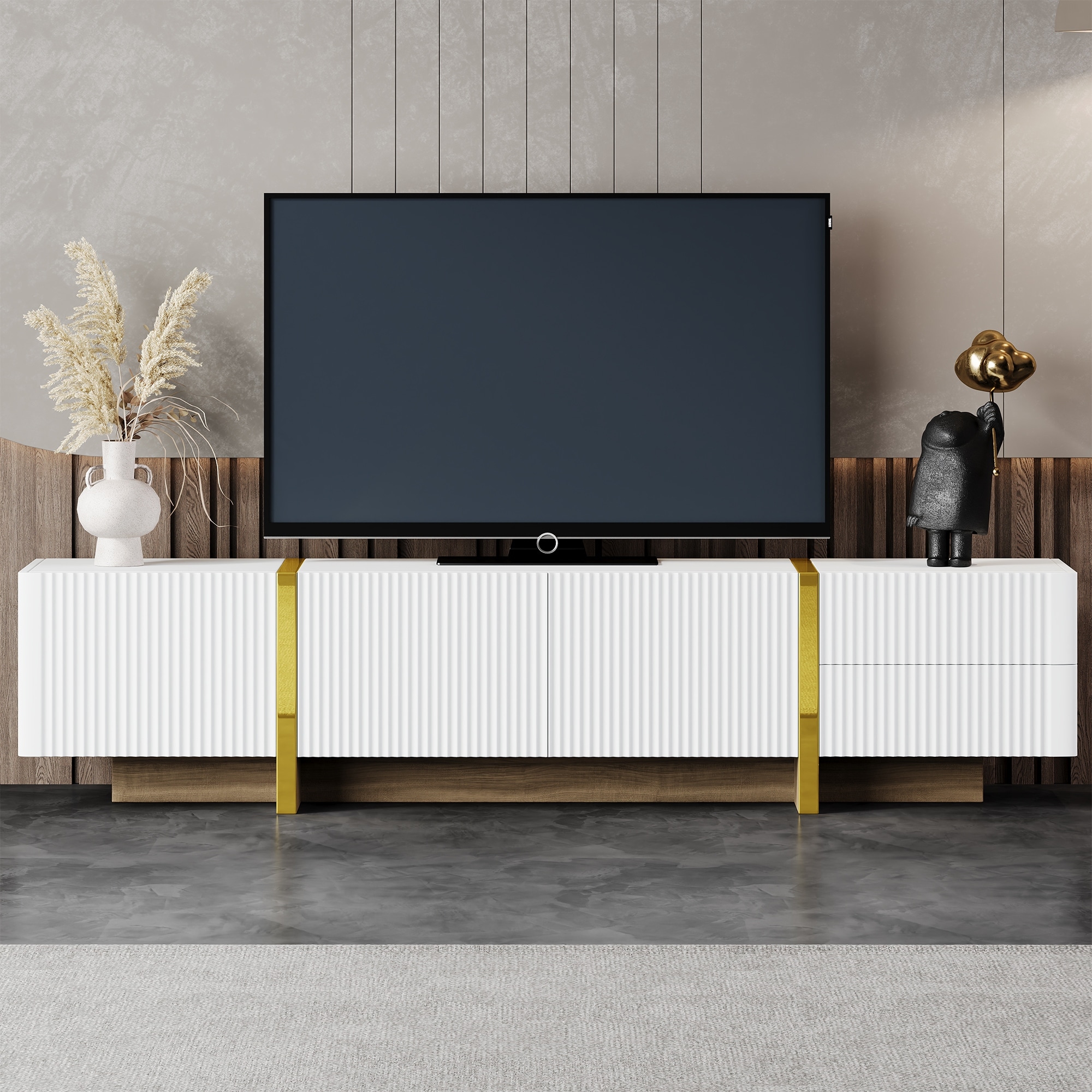 Luxury Fluted Entertainment Center with Storage Cabinets and Drawers,White