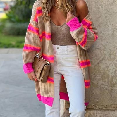 TEMU Autumn And Winter Trendy , Elegant Commuting Contrasting Striped Women's Knitted Cardigan, Winter Sweater Cardigan. Image