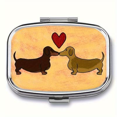 TEMU 1pc Doxie Love Dachshund Dogs Design Pill Box - Compact 2-compartment Metal Medicine Organizer, Portable For Travel, Pockets & Purses With Canine Illustration, Pill Box For Purse Image