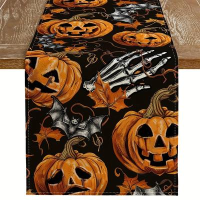 TEMU Table Runner – 1pc, Linen 100% Woven Table Decoration With Pumpkin, , And For Indoor Holiday Image