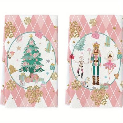 TEMU 2pcs Modern Christmas Kitchen Towels, 18x26 Inch, Soft Polyester, Rectangular, Machine Washable, Pink Nutcracker & , Holiday Party Decorations, Seasonal Home Decor Image