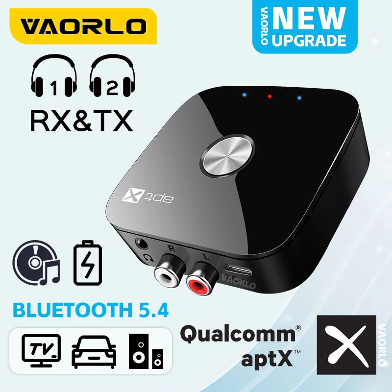 VAORLO Ricevitore trasmettitore Bluetooth 5.4 Qualcomm HiFi 3,5 mm AUX RCA Jack aptX Adaptive/HD/LL Adattatore audio wireless multipunto a bassa latenza Chiamata in vivavoce con microfono