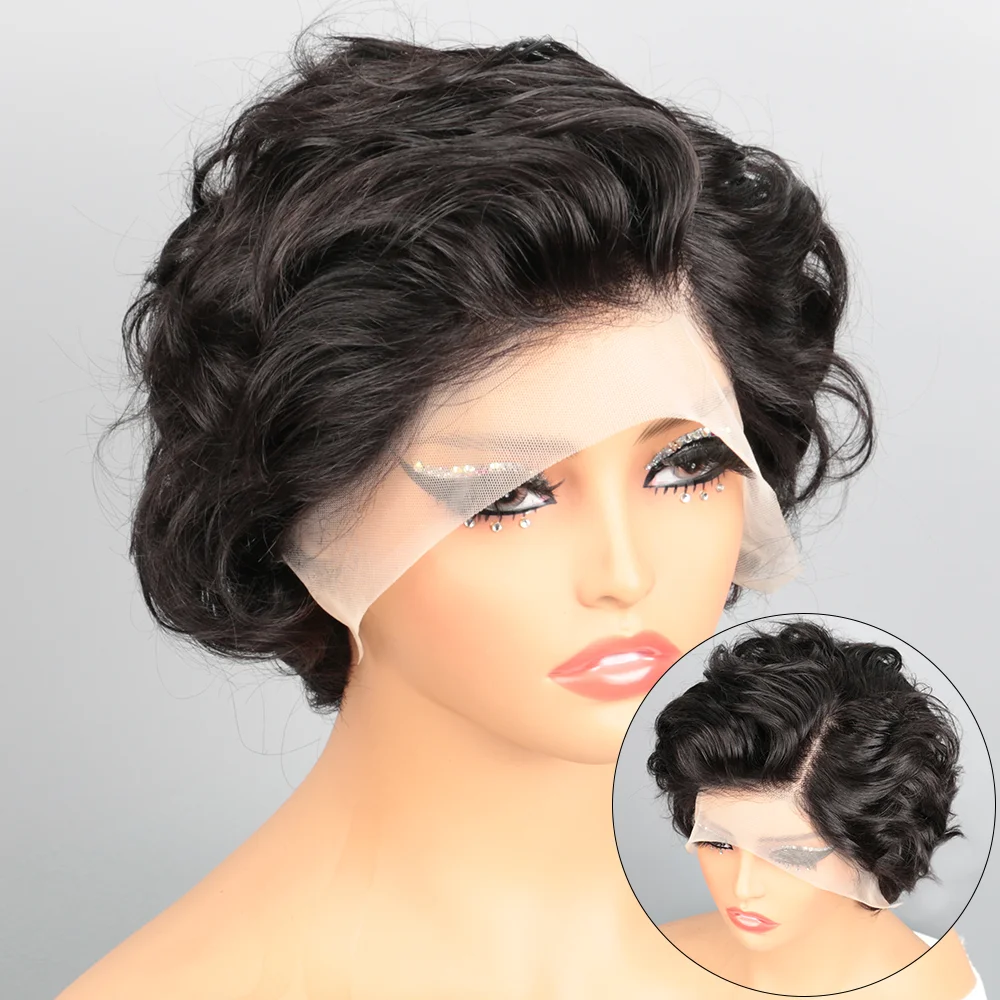 Parrucca PixieCut Capelli umani 13X4 Parrucche corte per capelli umani ricci rosa Colore naturale Parrucca frontale in pizzo HD Parrucca per capelli umani ricci per donna