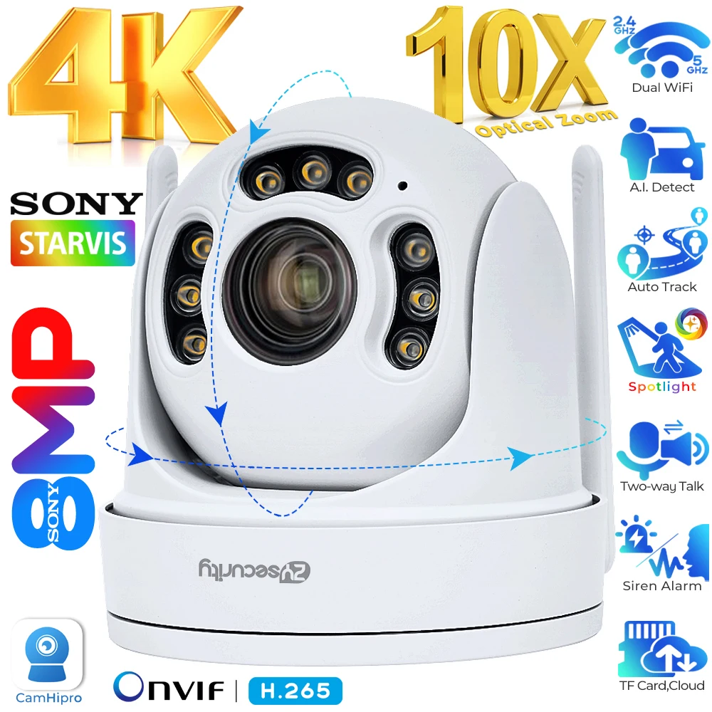4K 8MP Telecamera IP Zoom ottico 5X/10X Telecamera Dome PTZ Telecamera di sorveglianza Wi-Fi per esterni Human Detect Auto Tracking e Cruise Telecamera di sicurezza CamHipro Visione notturna a colori