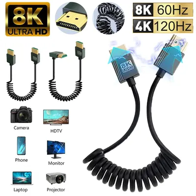 8K HDMI-Compatible To HDMI-Compatible Coiled Cable 48Gbps Extreme Thin HDMI-Compatible 2.1 Cable for