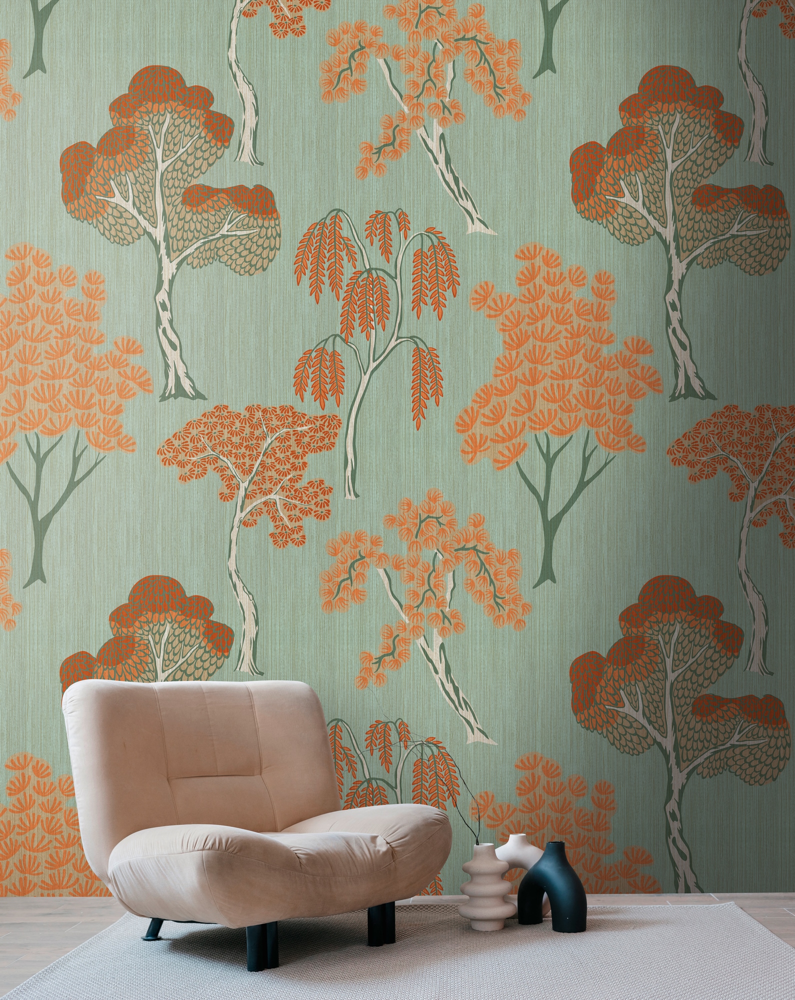 Fototapete LIVING WALLS "THE WALL III Wald-Tapete Motivtapete Floral Wald", bunt (orange,grün), B:2,8m H:0,02m L:1,59m, Vlies, Tapeten, Vliestapete Blätter für Schlafzimmer Küche Wohnzimmer Bäume Design