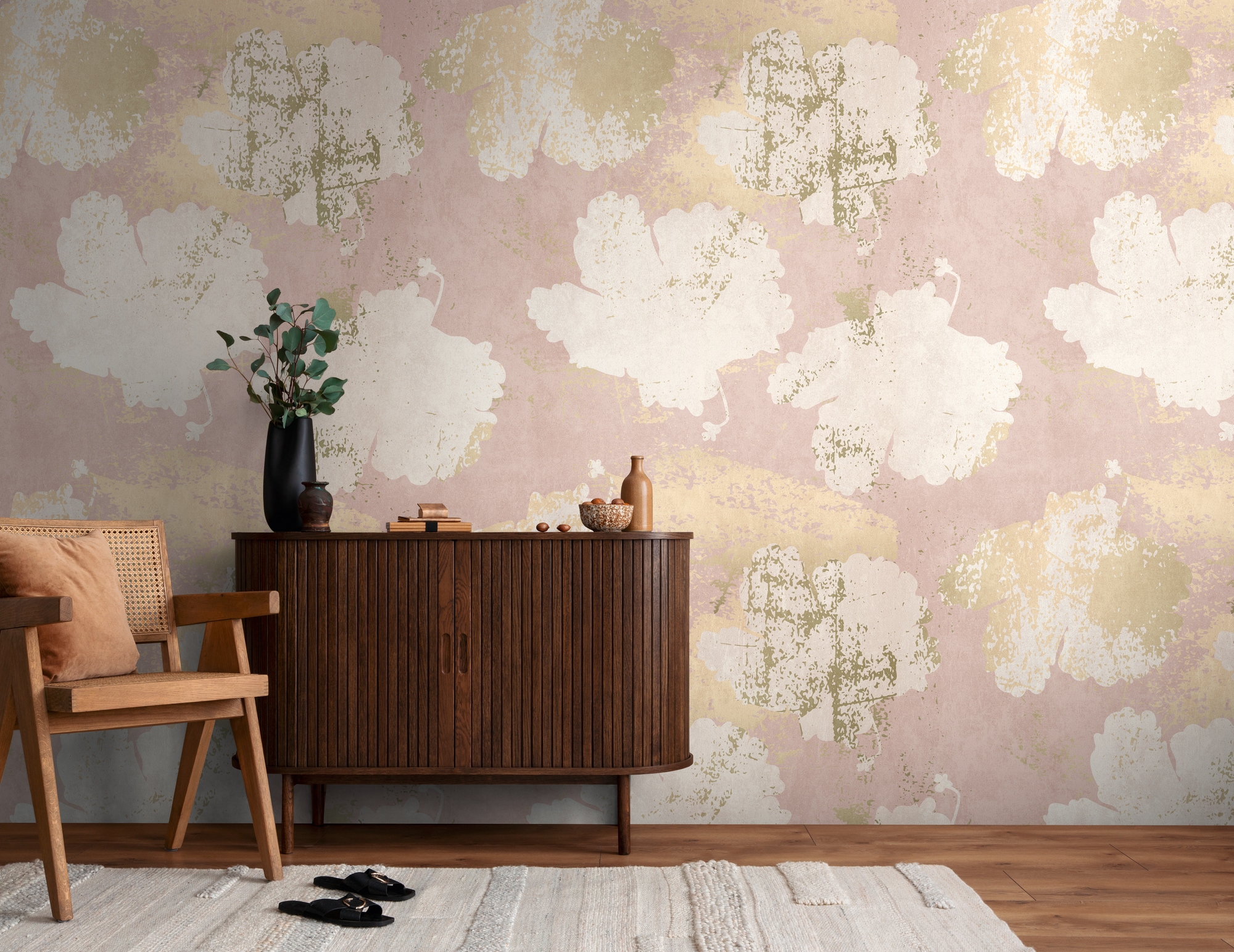 Fototapete LIVING WALLS "THE WALL III Blumen-Tapete Motivtapete Abstrakt Putzoptik", rosa (rosa,creme,beige), B:2,8m H:0,02m L:1,59m, Vlies, Tapeten, Vliestapete Blümchen für Schlafzimmer Küche Wohnzimmer Blumen Design