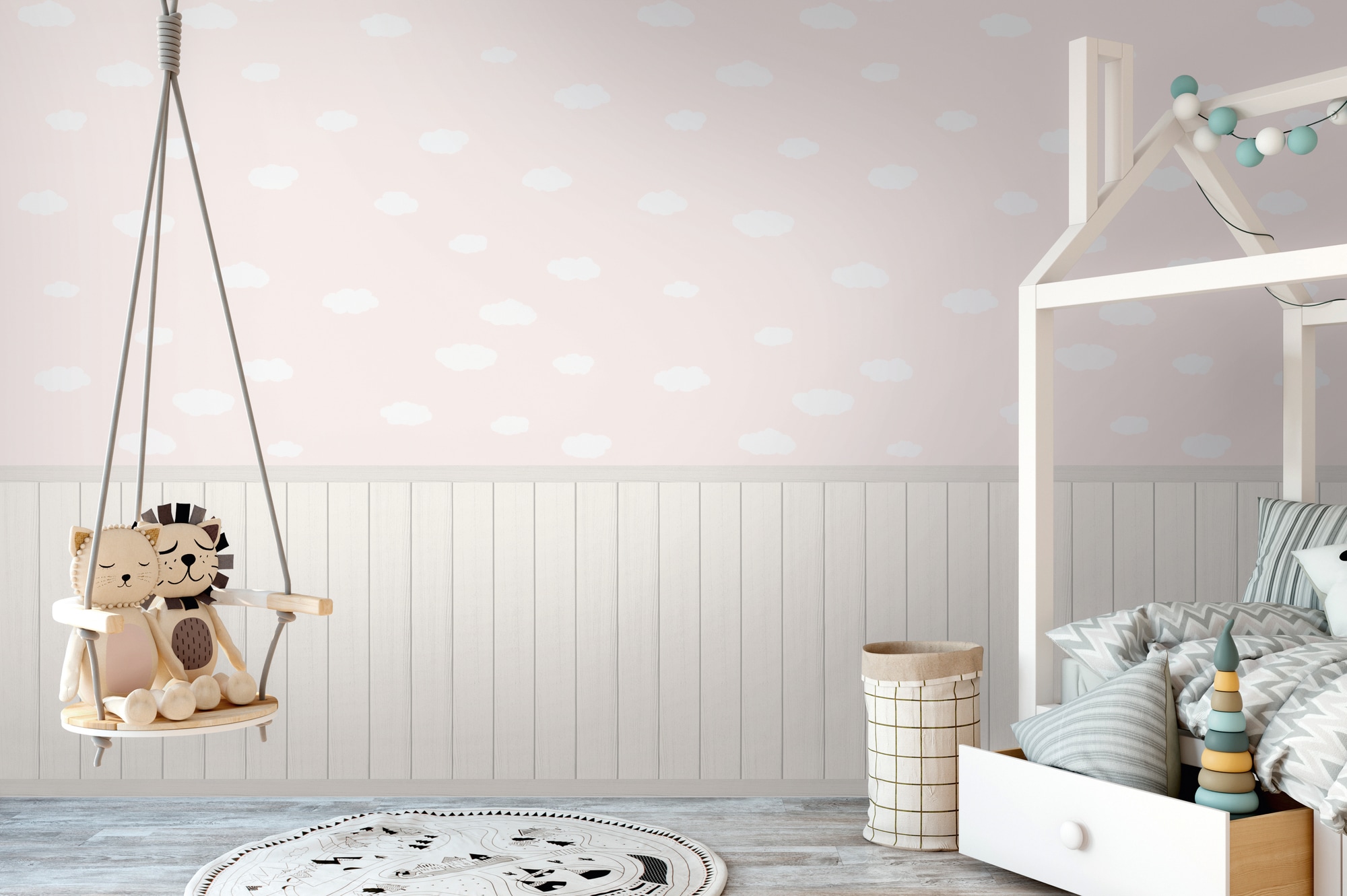Fototapete LIVING WALLS "Wallpanel Tapete Wandpaneele Motivtapete Wolken Landhaus", rosa (creme,rosa,weiß), B:1,59 H:0,02 L:2,8, Vlies, Tapeten, Vliestapete Kinderzimmer für Schlafzimmer Wohnzimmer Wandpaneele Flur Image