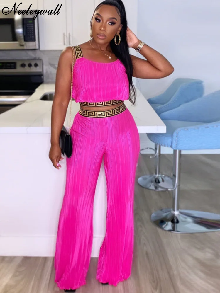 Neeleywall geometrischer Druck seidig plissiert Crop Top und breite Beine Hosen zweiteilige Set Mode geraffte aktive Set Festival Outfit