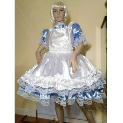Sissy Blaues und Weißes Dienstmädchen-Seidenkleid, Cosplay-Dienstmädchen-Uniform, Fantasy-Karneval, individueller Glamour für erwachsene Frauen Image