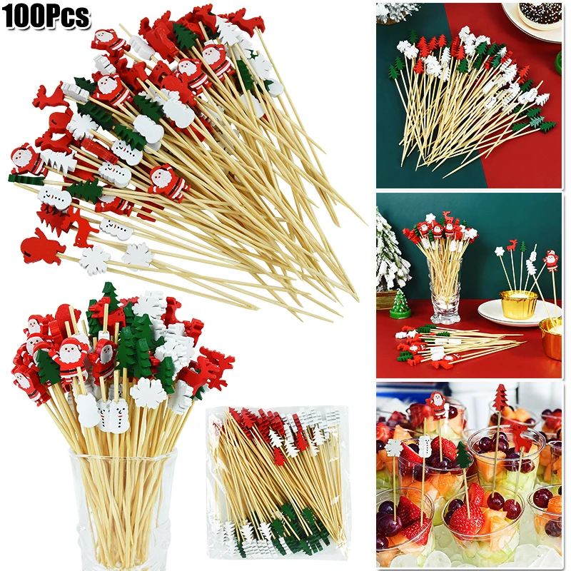 50/100Pcs Einweg Weihnachten Bambus Essen Picks Zahnstocher Santa Elch Dessert Buffet Obst Salat Sticks Weihnachten Party Decor Image