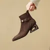 NEUE Winter Frauen Stiefel Karree Seltsame Ferse Schuhe Schafe Wildleder Leder Schuhe für Frauen Zipper Stiefeletten Elegante Moderne Stiefel