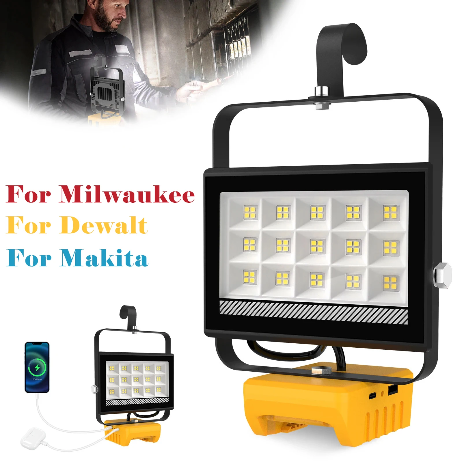 6000LM 60LEDs Tragbare 60W LED-Arbeitsleuchte mit Verstellbarem Standfuß Wiederaufladbare LED-Flutlichtlampe Kompatibel mit DeWalt/Makita/Milwaukee