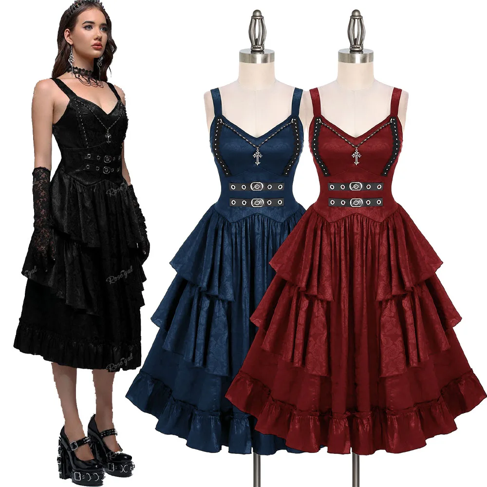 ROSEGAL Plus Größe Viktorianischen Gothic Jacquard Ösen Schnalle Kreuz Layered Kleider frauen Punk Ärmelloses Party Kleid Vestidos