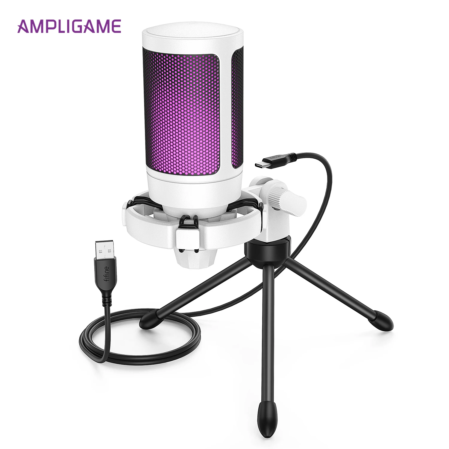 AmpliGame USB-Gaming-Mikrofon mit Schnellstummschaltung, RGB-Kondensatormikrofon mit Stativ für PC, PS5, Laptop-Streaming, Podcasting -A2W Weiß Image
