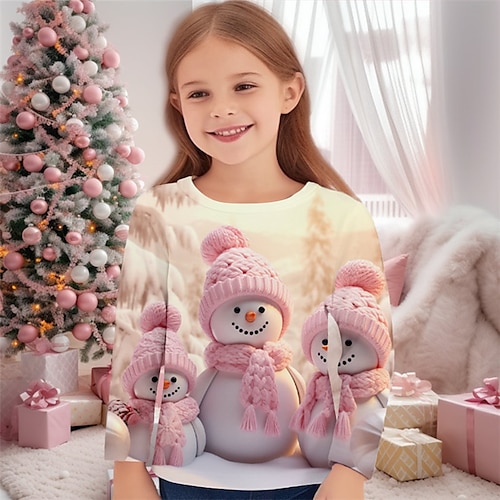 Mädchen 3D Schneemann T-Shirt Hemd Rosa Langarm 3D-Druck Herbst Winter Aktiv Modisch Kuschelig Polyester kinderkleidung 3-12 Jahre Rundhalsausschnitt Outdoor Casual Täglich Regular Fit Image