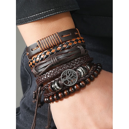 Lederarmband-Set für Herren – mehrlagiges geflochtenes Vintage-Armband mit Perlen und Lebensbaum-Anhänger für den lässigen und unkonventionellen Stil Image