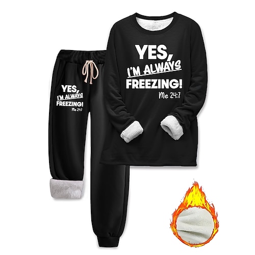 Frauen Pyjamas Set Fleece gefüttert 2 Teile Sweatshirt Trainingsanzüge Loungewear Set Pyjamas Fleece flauschig Langarm Oberteil und Hose Textdruck Komfort lässige Hauskleidung Kordelzug solide Image