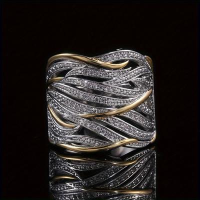 TEMU Stylish Ring With, With Sparkling Zirconia In A Silvery Leaf Pattern, Complementing Everyday Attire For Men And Women As A Party Accessory. Image