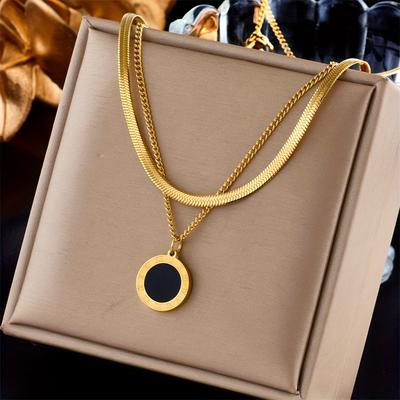 TEMU Golden Stainless Steel Necklace With Black Resin , Vintage Roman Coin Pendant, Fashion Trend Jewelry Accessory Image