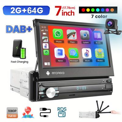 TEMU Podofo 2 + 64g Car 1 Din Wireless Rds, 7 Extendible 13 Car Fm/ Rds Aux-in Carplayer For + Reversing +dvr For For Christmas