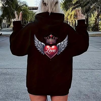 TEMU Polyester 100% 250g/m² Knit Fabric Hoodie, With Alphabet Wings , Casual Zip Hooded Sweatshirt With Pockets, Comfortable Athletic Jacket For Fall/winter Image