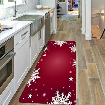 TEMU 1pc Thick 1.1cm Non-slip Kitchen Floor Mat With Festive Red Snowflake Print Pattern, 100% Polyester, Machine Washable, &, Kitchen, Living Room, Porch, Balcony & Home Decor, Kitchen Mats For Floor Image