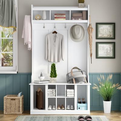 Hall Tree with Coat Hooks, Bench, and Storage Shelves for Entryway, Modern Farmhouse Design