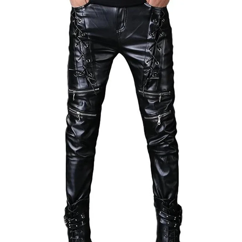 Herren-Lederhose im Punk-Stil mit Bandage und Reißverschluss-Dekoration, dünne Hip-Hop-PU-Hose, Motorrad-Biker-Fahrerhose